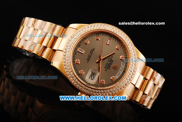 Rolex Day Date II Automatic Movement Full Rose Gold with Double Row Diamond Bezel - Diamond Markers and Grey Dial - Click Image to Close